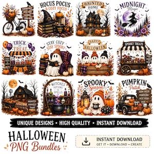 Puede incluir: Una colección de doce ilustraciones digitales con temática de Halloween que incluyen fantasmas, calabazas, brujas, casas encantadas y carritos espeluznantes con texto que incluye Hocus Pocus, Haunted Home, Midnight Magic, Trick or Treat, Stay Cozy y Spooky Season.
