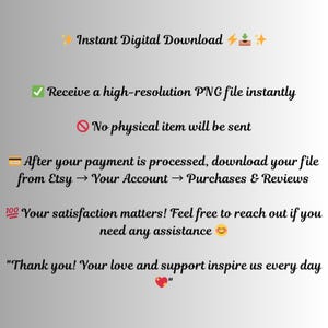 Puede incluir: Una imagen con texto que dice "Descarga digital instant&aacute;nea". Tambi&eacute;n indica que recibir&aacute; un archivo PNG de alta resoluci&oacute;n al instante y que no se enviar&aacute; ning&uacute;n art&iacute;culo f&iacute;sico. Tambi&eacute;n dice "&iexcl;Gracias! Vuestro amor y apoyo nos inspiran cada d&iacute;a."