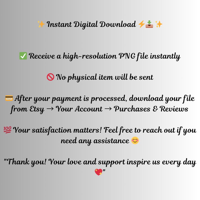 Puede incluir: Una imagen con texto que dice "Descarga digital instant&aacute;nea". Tambi&eacute;n indica que recibir&aacute; un archivo PNG de alta resoluci&oacute;n al instante y que no se enviar&aacute; ning&uacute;n art&iacute;culo f&iacute;sico. Tambi&eacute;n dice "&iexcl;Gracias! Vuestro amor y apoyo nos inspiran cada d&iacute;a."