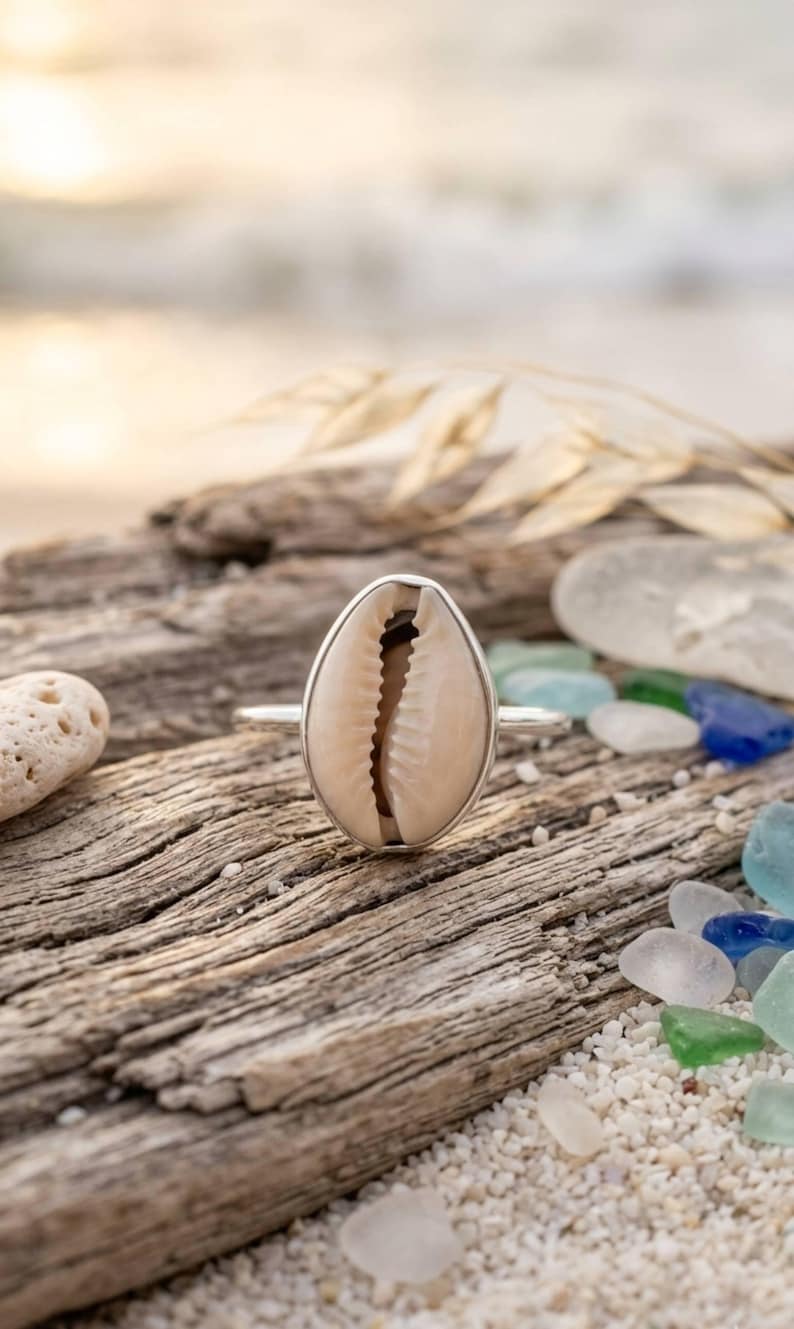 Buy Sterling Silver Cowrie Shell Ring, Gold Plated Boho Beach Jewelry ...
