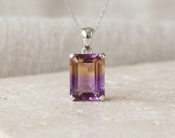 Emerald Cut Ametrine Gemstone Pendant Necklace, Sterling Silver, Bi-Color Quartz, February Birthstone