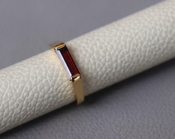 Garnet Baguette Ring, January Birthstone, Minimalist Stackable, Gold Plated Silver