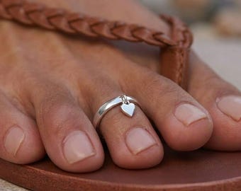 Anello pendente a forma di cuore in argento sterling, gioiello minimalista regolabile per i piedi