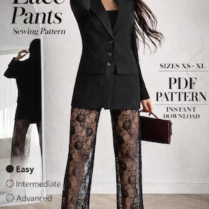 May include: A black lace pants sewing pattern with the text "Lace Pants Sewing Pattern". The image shows a woman wearing a black blazer and the lace pants. The pattern is available in sizes XS-XL and is an instant PDF download.