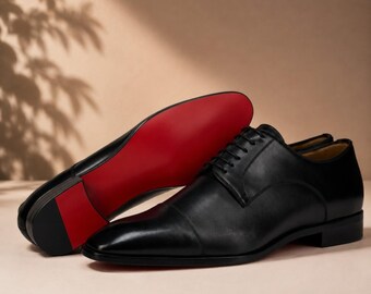 Zapatos planos de hombre de piel de becerro negra con suela roja / Zapatos de vestir de lujo hechos a mano