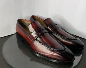 Men’s burgundy penny loafers, leather slip on dress shoes, formal oxford style