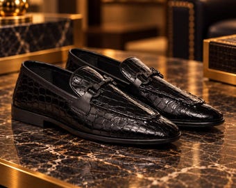 Handmade Men's Black Croc Embossed Loafers, Formal Leather Slip-On Shoes