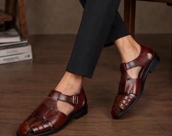 Handmade Men's  Brown Leather  Sandals for Men | Closed-Toe Vintage Summer Footwear
