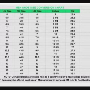 May include: Men's shoe size conversion chart showing US, EU, and UK sizes, inches, and cm. Sizes range from US 5 (22.9 cm, 9 inches) to US 16 (32.1 cm, 12 5/8 inches). Includes a note about conversions and measurements.
