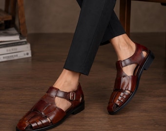 Handmade Leather fisherman breathable sandals, Men's summer dress shoes