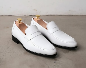 calf leather loafers, groom shoes, handmade white custom mens shoes, gift for him
