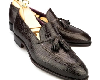 Tassel Loafers in Brown Lizard Embossed genuine Calf Leather Handmade Wedding Dress Shoes