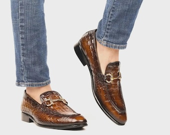 Handmade Croc Embossed Leather Loafers, brown formal slip-on dress shoes,
