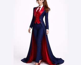 Women’s Navy Blue Long Coat Suit Set 3 Piece Tailcoat Pantsuit Custom Tailored Wedding Formal Prom Outfit