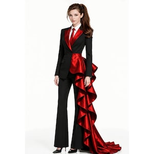 May include: A black tailored suit featuring a white collared shirt and a red necktie. The blazer has red lapels, and the trousers are paired with a dramatic, floor-length red satin ruffle attachment that cascades from the waist to the floor.