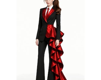 Women's Black Tuxedo Pantsuit, Designer Ruffle Train Suit Wedding Guest Dress Formal Prom Outfit