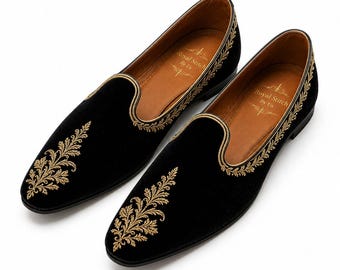 Handmade Black Velvet Loafers, Men’s Gold Embroidered Dress Shoes Luxury Slip On Wedding Groom Shoes, Formal Evening Footwear