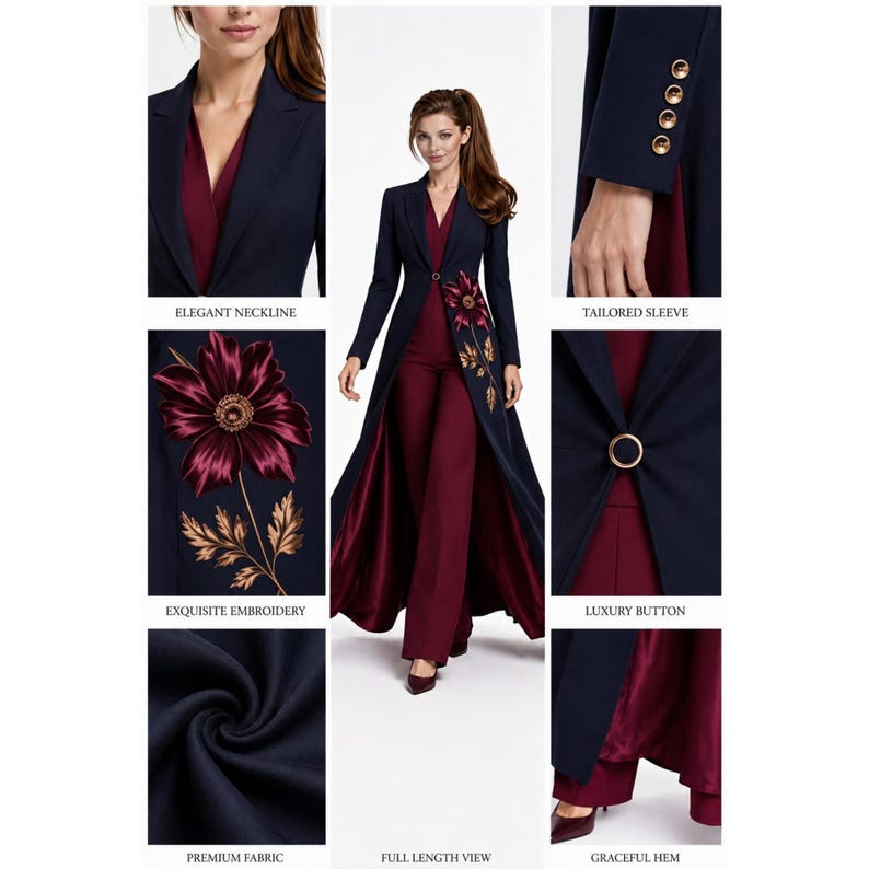 May include: A navy blue long coat featuring a single gold button closure, a deep V-neckline, and a dark red floral embroidery on the front. The coat is worn over a matching dark red jumpsuit with wide-leg trousers and a long, flowing hemline.