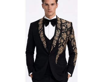 Black Gold Embroidered Tuxedo Suit for Men, Custom Groom Wedding Suit Luxury Formal Prom Outfit