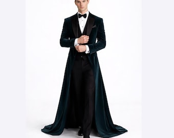 Men’s Black Tuxedo 3 Piece Suit with Emerald Green Velvet Long Coat Luxury Designer Groom Wedding  Formal Prom Tailcoat Outfit