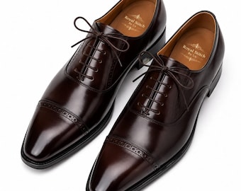 Handmade Dark Brown Leather Oxford Shoes for Men, Formal Wedding Groom Shoes Classic Business Office Footwear