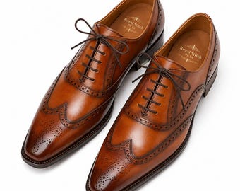 Handmade Cognac Leather Oxford Shoes for Men, Wingtip Brogue Dress Shoes Formal Wedding and Office Footwear