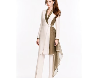 Women’s Designer Beige and Olive Suit Tailored Formal Wedding Prom Statement Outfit