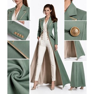 May include: A sage green long coat featuring gold piping trim, a notched lapel, and a single gold button closure. The coat is paired with high-waisted cream trousers that have a double row of gold buttons and a front zipper closure.