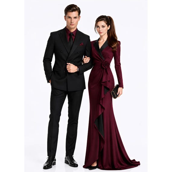 Black and Burgundy Couple Outfit – His and Hers Matching Wedding Set Custom Formal Dress Prom Wear