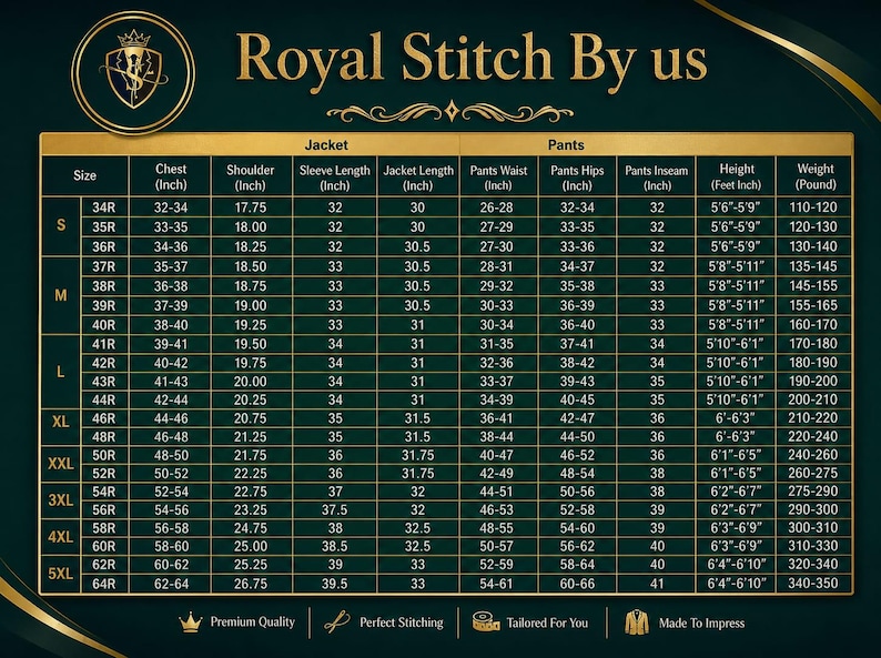 May include: A dark green and gold size chart titled Royal Stitch By us. The table lists jacket and pants measurements in inches, including chest, shoulder, sleeve, length, waist, hips, and inseam, alongside height in feet and weight in pounds.