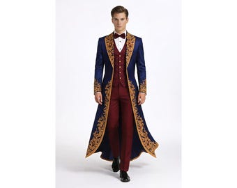 Men’s Royal Blue Embroidered Tailcoat Suit Luxury Groom Wedding Outfit Custom Designer Prom Suit