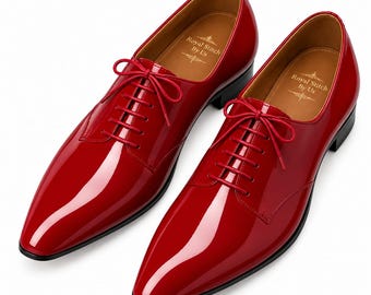 Handmade Red Leather Oxford Shoes for Men, Glossy Formal Dress Shoes Wedding and Luxury Party Footwear