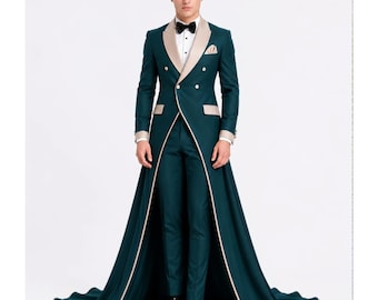 Teal Victorian Tailcoat Suit for Men, Luxury Designer Wedding Suit Custom Groom Formal Prom Outfit