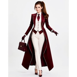 May include: A burgundy long-tail coat with white piping, worn over a white vest and white trousers. The ensemble includes a white collared shirt, a burgundy necktie, burgundy leather gloves, and a matching burgundy structured handbag.