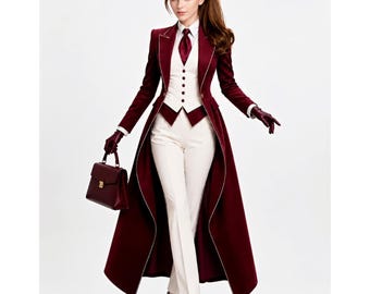 May include: A burgundy long-tail coat with white piping, worn over a white vest and white trousers. The ensemble includes a white collared shirt, a burgundy necktie, burgundy leather gloves, and a matching burgundy structured handbag.