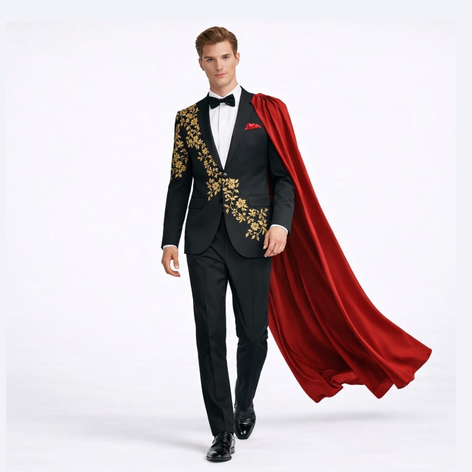 Men's Black Tuxedo Suit with Red Cape Gold Embroidered Blazer Designer…