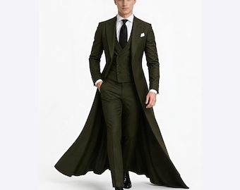 May include: A dark olive green suit with a long coat, vest, and trousers. The suit includes a white dress shirt, black tie, and black dress shoes. The coat extends to the ankles, creating a formal and elegant look.