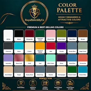 May include: A colour palette chart featuring forty labelled rectangular swatches in various shades including white, black, burgundy, emerald green, blush pink, olive green, navy blue, brown, charcoal, aqua, cream, mustard yellow, red, purple, dusty blue, sage green, lavender, rose gold, gold, teal, mint green, plum, steel blue, terracotta, sand beige, taupe, dusty rose, slate grey, pewter, champagne, forest green, and ocean blue.