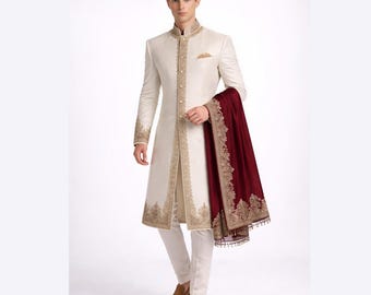 Beige Embroidered Silk Sherwani, Men's Wedding Indo-Western Outfit with Shawl