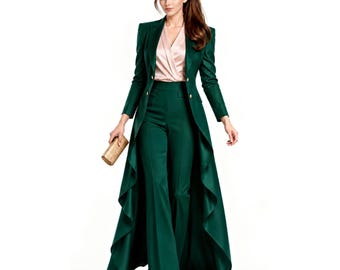 Emerald Green Women Pantsuit Longline Coat Suit Set, Luxury Formal Tailored Prom Wedding Outfit