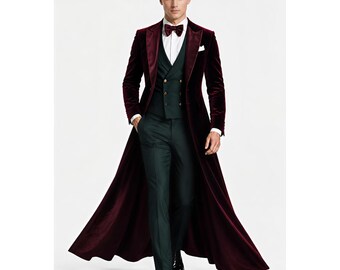Men’s Burgundy Velvet Victorian Long Coat Suit, 3 Piece Custom Tailored Formal Groom Wedding Outfit