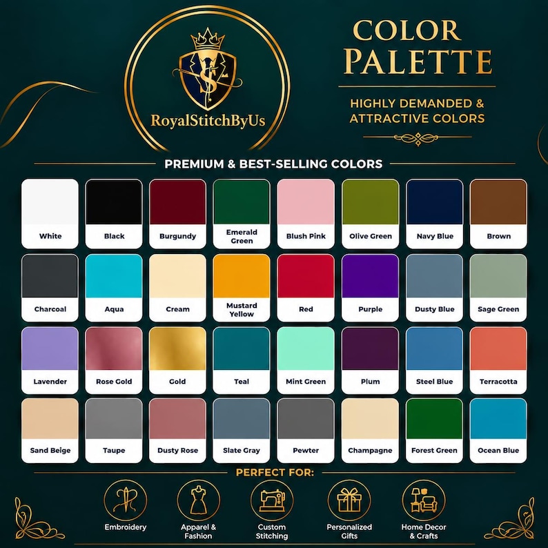 May include: A color palette chart featuring forty labeled rectangular swatches in various shades including white, black, burgundy, emerald green, blush pink, olive green, navy blue, brown, charcoal, aqua, cream, mustard yellow, red, purple, dusty blue, sage green, lavender, rose gold, gold, teal, mint green, plum, steel blue, terracotta, sand beige, taupe, dusty rose, slate gray, pewter, champagne, forest green, and ocean blue.