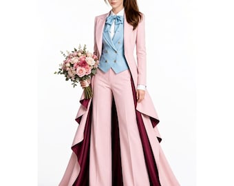 Pink Women Pantsuit Longline Coat Suit Set, Luxury Formal Tailored Prom Wedding Outfit Elegant Party Wear