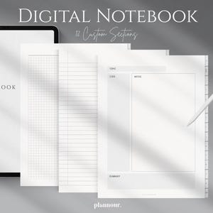 May include: A digital notebook displayed on a tablet screen alongside three open page templates featuring grid, lined, and structured note-taking layouts with sections for topic, cues, notes, and summary. A white stylus rests near the pages.