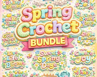 Paquete PNG de crochet de primavera, letras retro de hilo 3D, imágenes prediseñadas con ambiente moderno (descarga digital)