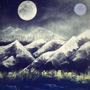 May include: A painting of a night sky with a large moon, planets, and shooting stars above snow-capped mountains. The mountains are white and the sky is dark blue with white speckles. The foreground features a dark blue lake with yellow and green foliage.