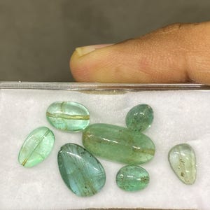 May include: A collection of polished, translucent green gemstones of various shapes, including oval, teardrop, and round. Some stones have internal inclusions and a golden band. The gems are displayed in a clear plastic container.