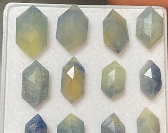 Wow rare bi color blue yellow sapphire hexagon geometric bi color sapphire pcs 12 wt 27 carats size 8.5x5.5-13x7.5mm rosecut sapphire