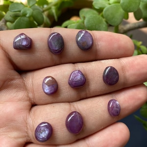 May include: Assortment of eight purple and pink gemstone cabochons, some with a star-like pattern, displayed on a hand.