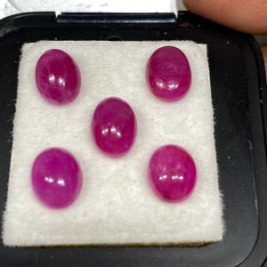 Op de afbeelding: Vijf ovale roze edelstenen getoond op een witte achtergrond in een zwarte fluwelen doos.